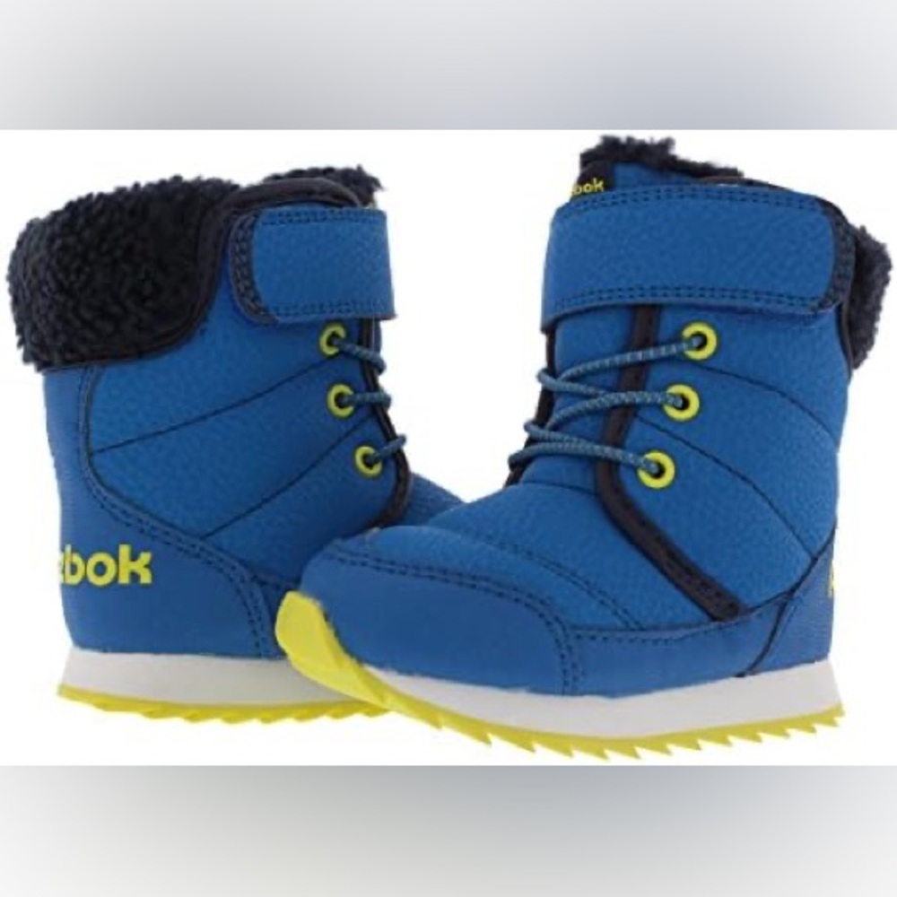 Reebok Classic Snow Prime snow boots in blue with yellow accents.